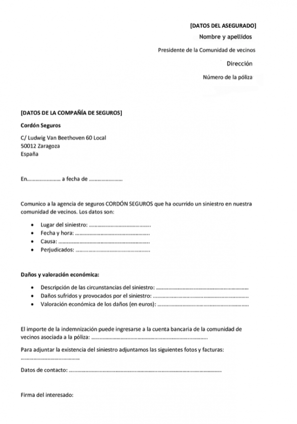 Modelo De Carta Para El Reclamo Al Seguro De La Comunidad Por Siniestro Cordón Seguros Para 4912